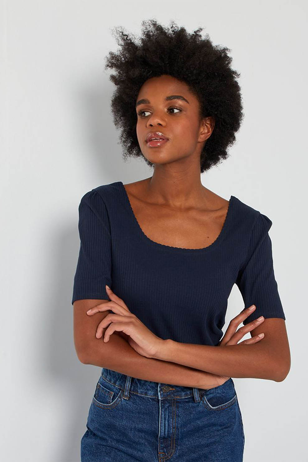 KIABI, Tricou cu striatii si margini valurite, Bleumarin