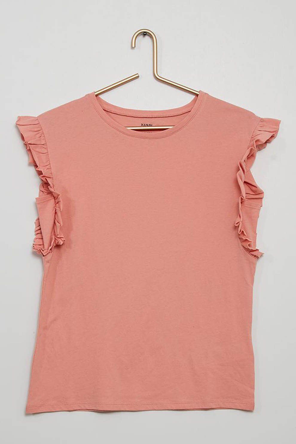 KIABI, Tricou cu decolteu la baza gatului si maneci cu volane, Roz prafuit