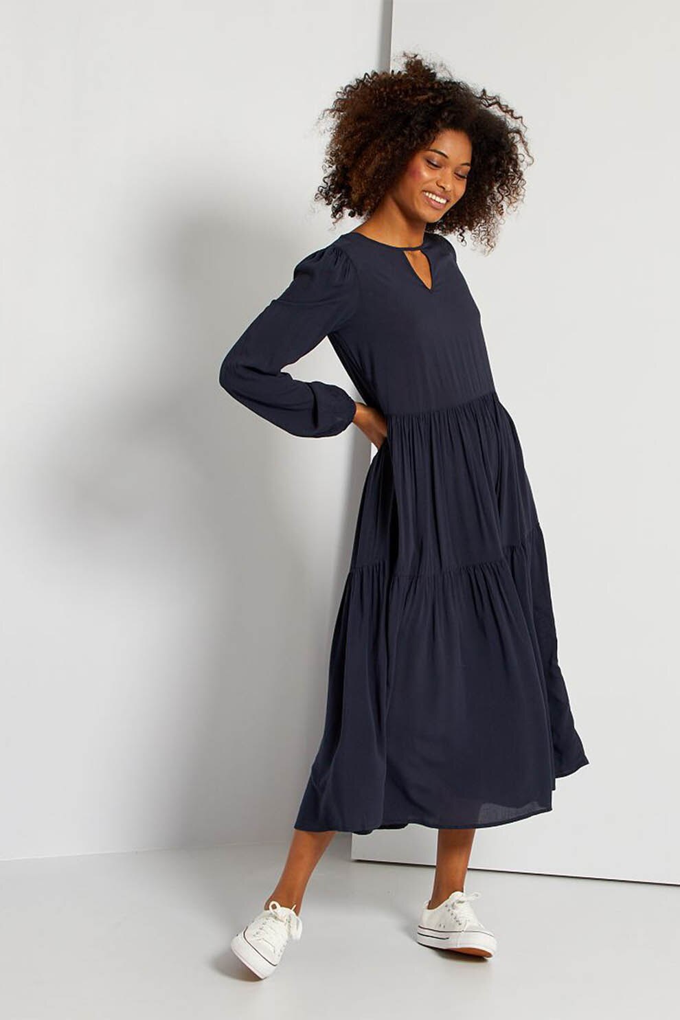 KIABI, Rochie midi texturata cu aspect plisat, Bleumarin