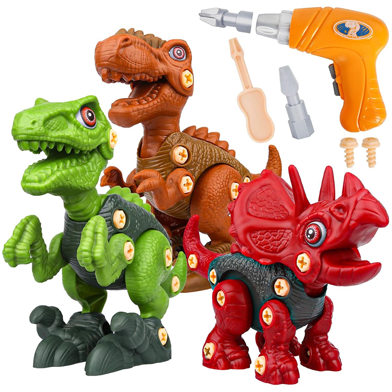 Set de constructie dinozauri cu bormasina electrica, Nando, 3 dinozauri 3D, Multicolor