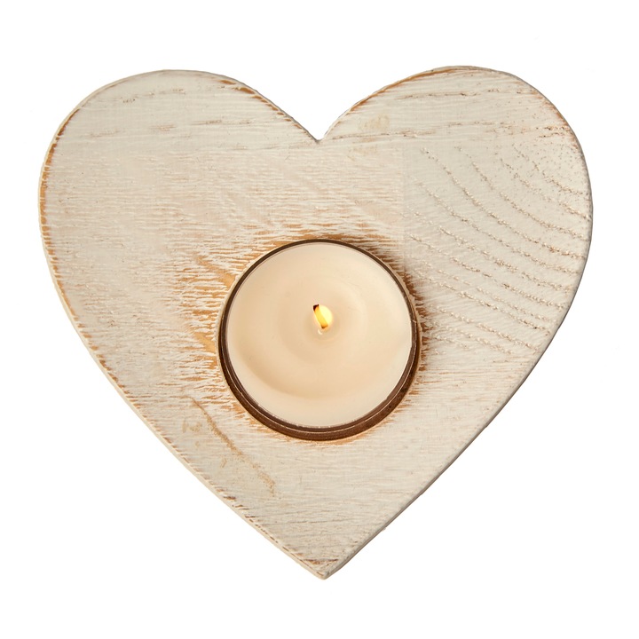 Suport lumanare pastila, in forma de inimioara, din lemn masiv de stejar, culoare alb-patinat, prelucrat manual, Colectia PURE LIGHT