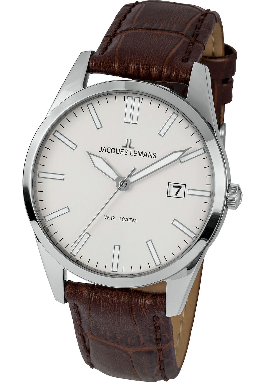 Ceas analogic barbatesc, Jacques-Lemans, 1-2002E, 40 mm, Mro/Argintiu