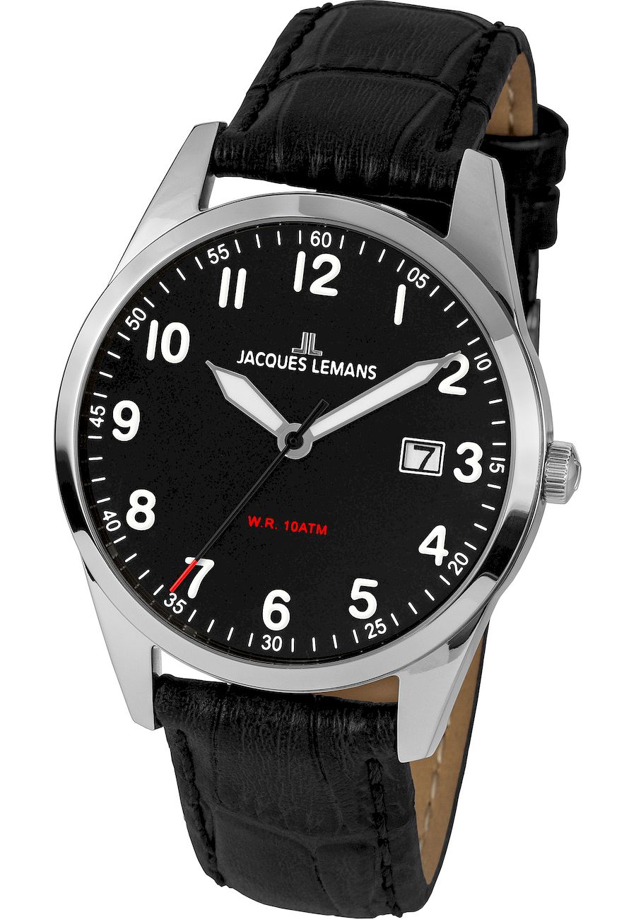 Ceas analogic barbatesc, Jacques-Lemans, 1-2002A, 40 mm, Negru/Argintiu
