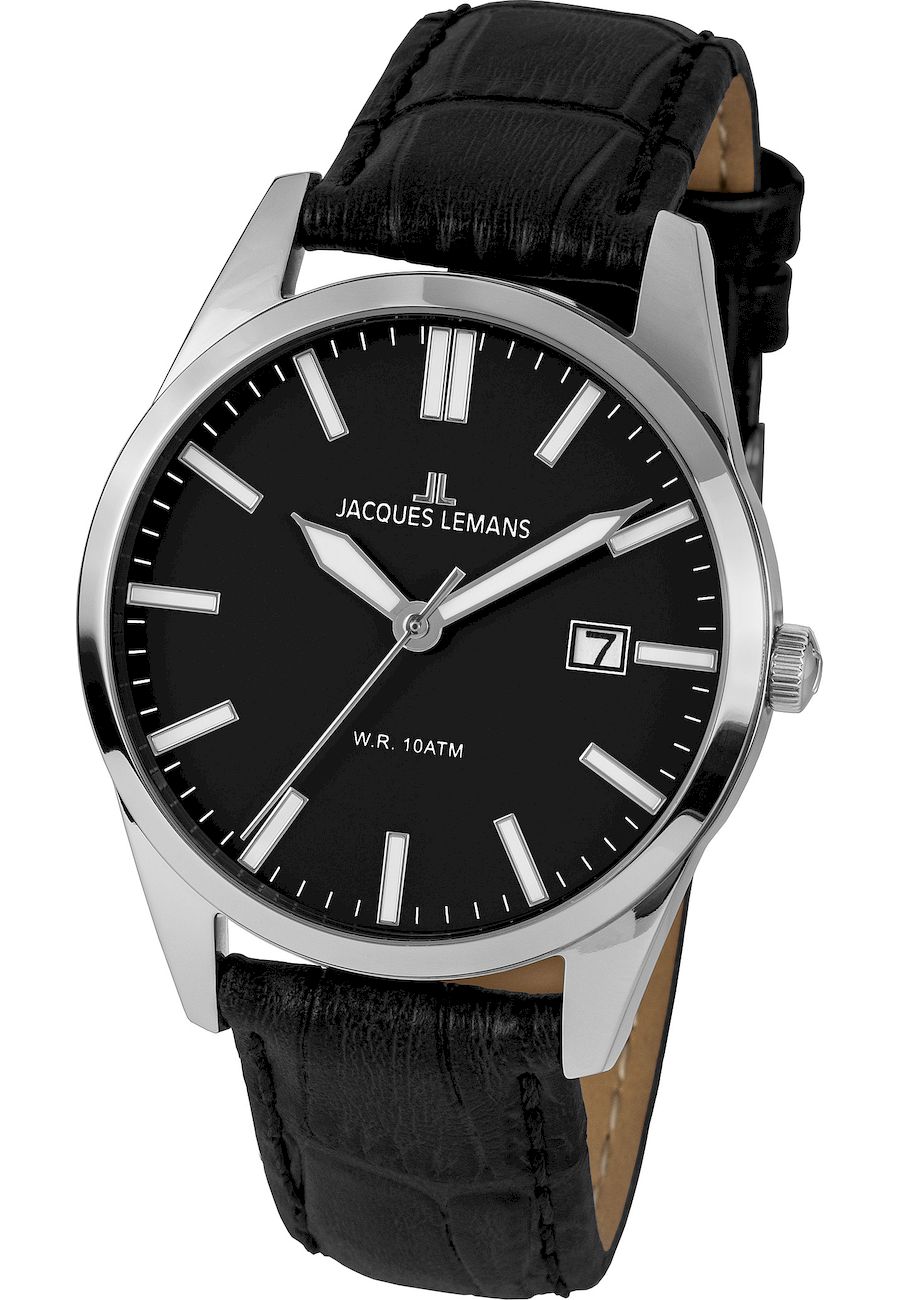 Ceas analogic barbatesc, Jacques-Lemans, 1-2002D, 40 mm, Negru/Argintiu