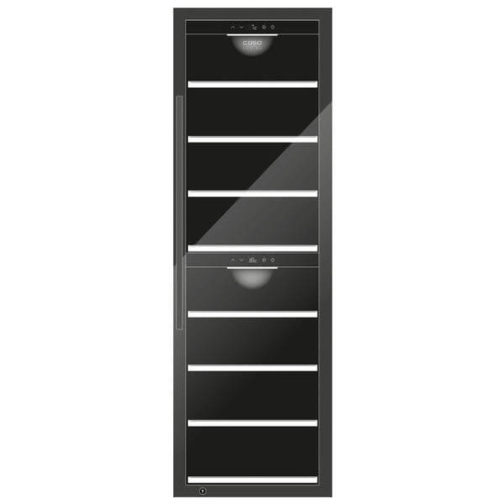 Racitor de vin Caso Germany, WineExclusive 180 Smart, capacitate 180 sticle, H 190 cm, Control smart Wi-Fi, 2 zone de racire 5-20°C, compresor, touch control, usa anti-UV, sistem anti-vibratii, iluminare LED, negru