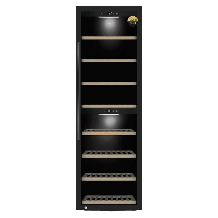 Borhűtő Caso Germany, WineExclusive 180 Smart, űrtartalom 180 palack, H 190 cm, Wi-Fi intelligens vezérlés, 2 hűtőzóna 5-20°C, kompresszor, érintésvezérlés, anti-UV ajtó, rezgéscsillapító rendszer, világítás LED, fekete