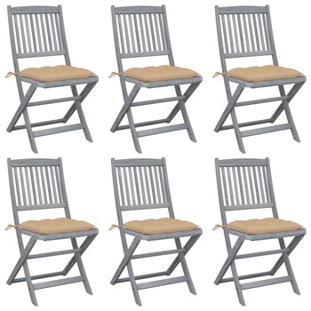 Set de 6 scaune pliabile de gradina, cu perne 7 cm, vidaXL, Lemn de acacia, 48.5 x 57 x 91 cm, Maro/Bej Set de 6 scaune pliabile de gradina, cu perne 7 cm, vidaXL, Lemn de acacia, 48.5 x 57 x 91 cm, Maro/Bej