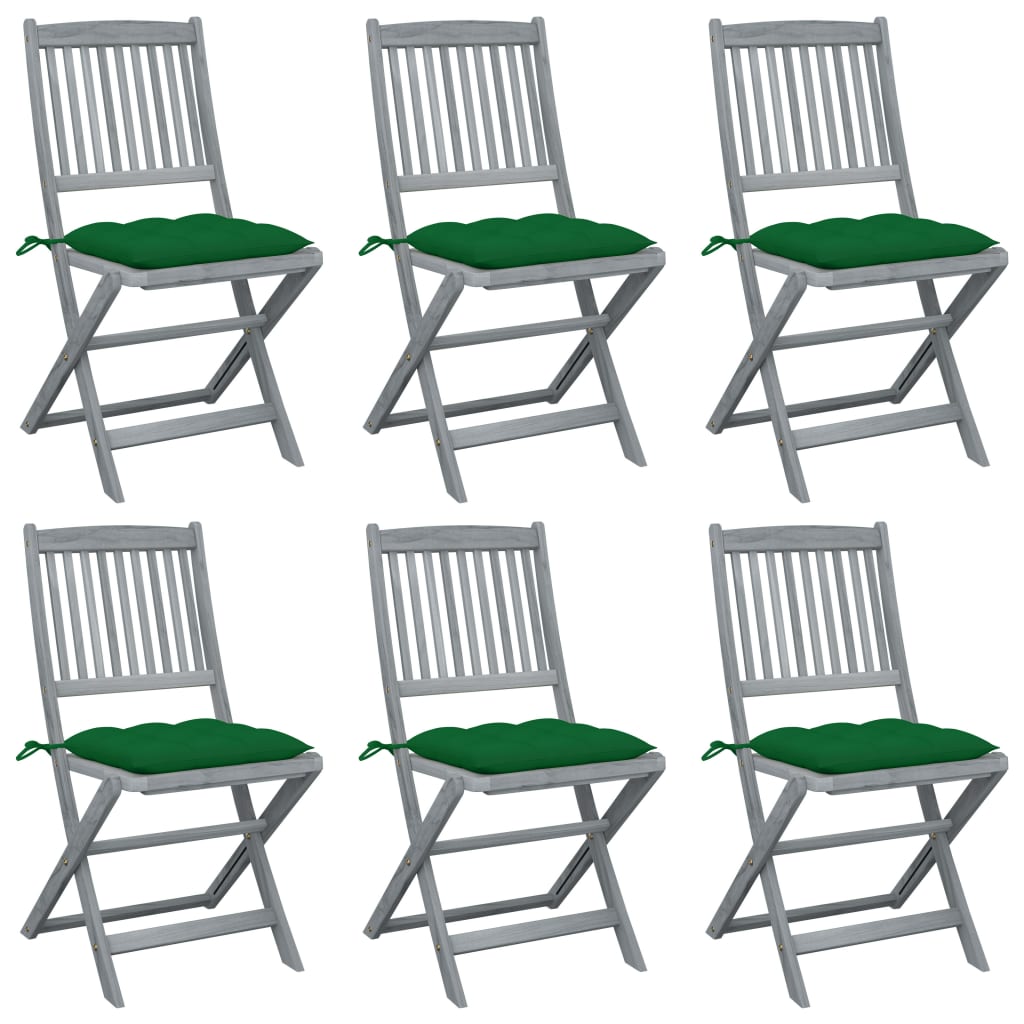 Set de 6 scaune pliabile de gradina, cu perne 7 cm, vidaXL, Lemn de acacia, 48.5 x 57 x 91 cm, Maro/Verde deschis