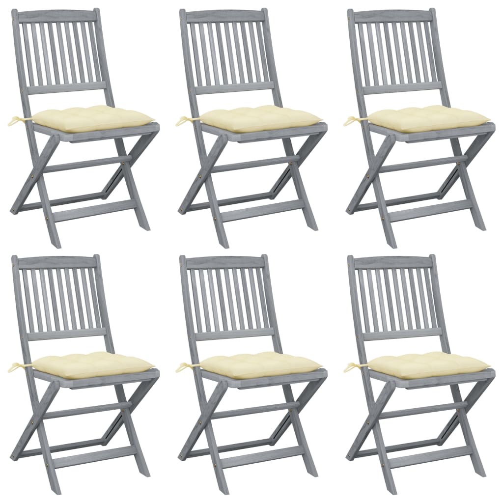 Set de 6 scaune pliabile de gradina, cu perne 7 cm, vidaXL, Lemn de acacia, 48.5 x 57 x 91 cm, Maro/Crem