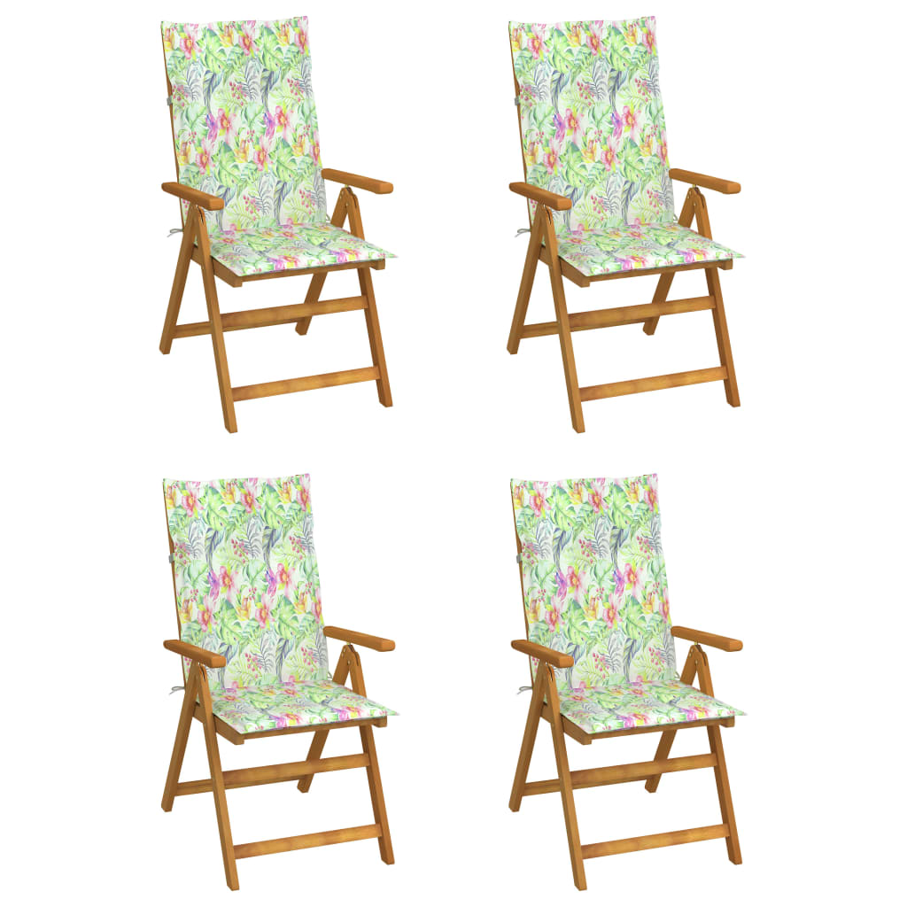 Set de 4 scaune pliabile de gradina, cu perne model tropical, vidaXL, Lemn de acacia, 57 x 69 x 111 cm, Maro/Multicolor