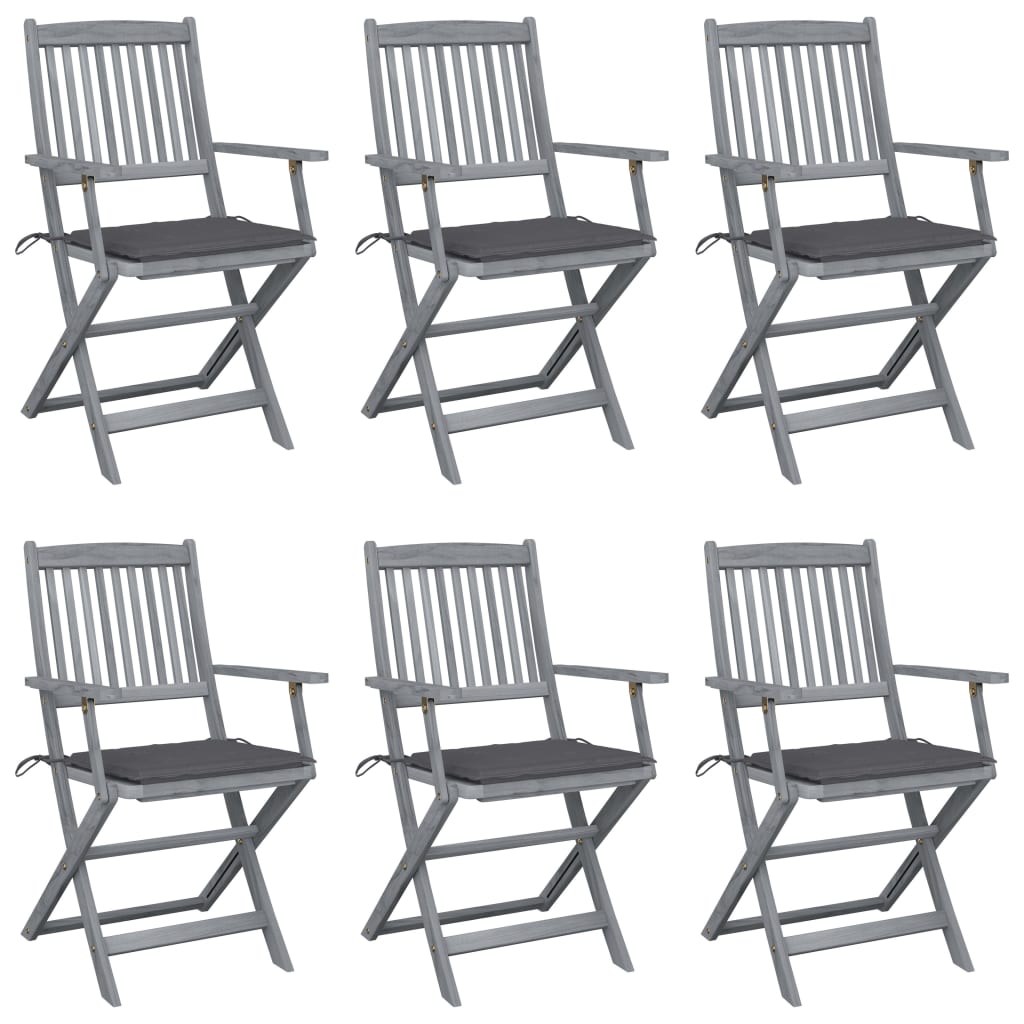 Set de 6 scaune pliabile de gradina, cu perne 4 cm, vidaXL, Lemn de acacia, 54 x 57 x 91 cm, Gri antracit