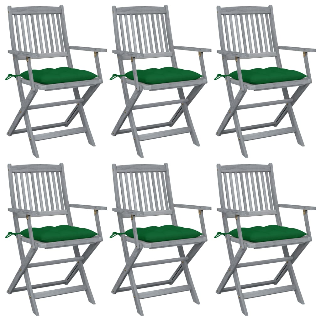 Set de 6 scaune pliabile de gradina, cu perne 7 cm, vidaXL, Lemn de acacia, 54 x 57 x 91 cm, Gri/Verde inchis