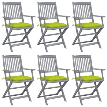 Set de 6 scaune pliabile de gradina, cu perne 7 cm, vidaXL, Lemn de acacia, 54 x 57 x 91 cm, Gri/Verde Set de 6 scaune pliabile de gradina, cu perne 7 cm, vidaXL, Lemn de acacia, 54 x 57 x 91 cm, Gri/Verde