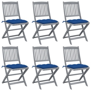 Set de 6 scaune pliabile de gradina, cu perne 7 cm, vidaXL, Lemn de acacia, 48.5 x 57 x 91 cm, Maro/Albastru Set de 6 scaune pliabile de gradina, cu perne 7 cm, vidaXL, Lemn de acacia, 48.5 x 57 x 91 cm, Maro/Albastru