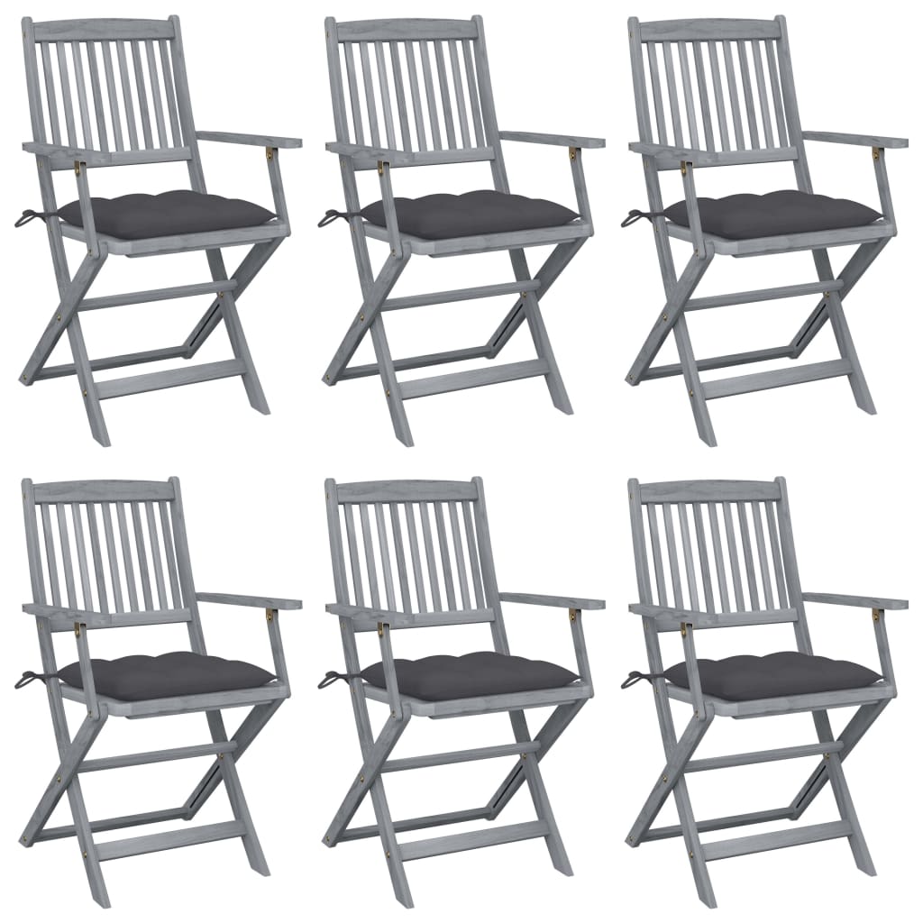 Set de 6 scaune pliabile de gradina, cu perne 7 cm, vidaXL, Lemn de acacia, 54 x 57 x 91 cm, Gri antracit