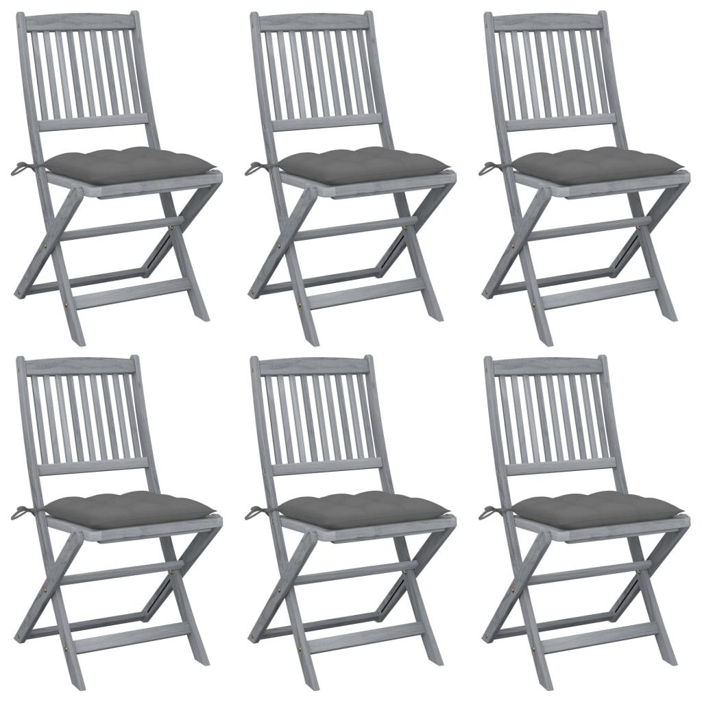 Set de 6 scaune pliabile de gradina, cu perne 7 cm, vidaXL, Lemn de acacia, 48.5 x 57 x 91 cm, Maro/Gri