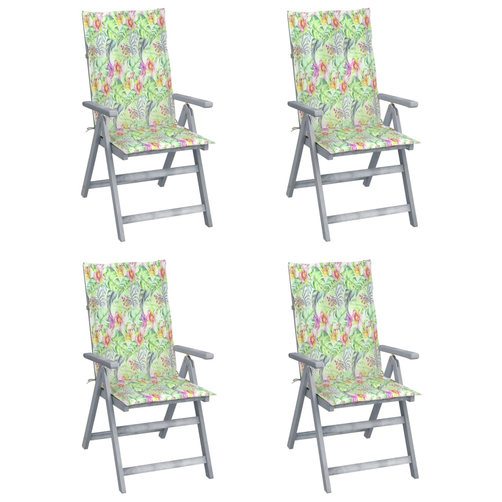 Set de 4 scaune pliabile de gradina, cu perne model tropical, vidaXL, Lemn de acacia, 57 x 69 x 111 cm, Gri/Multicolor