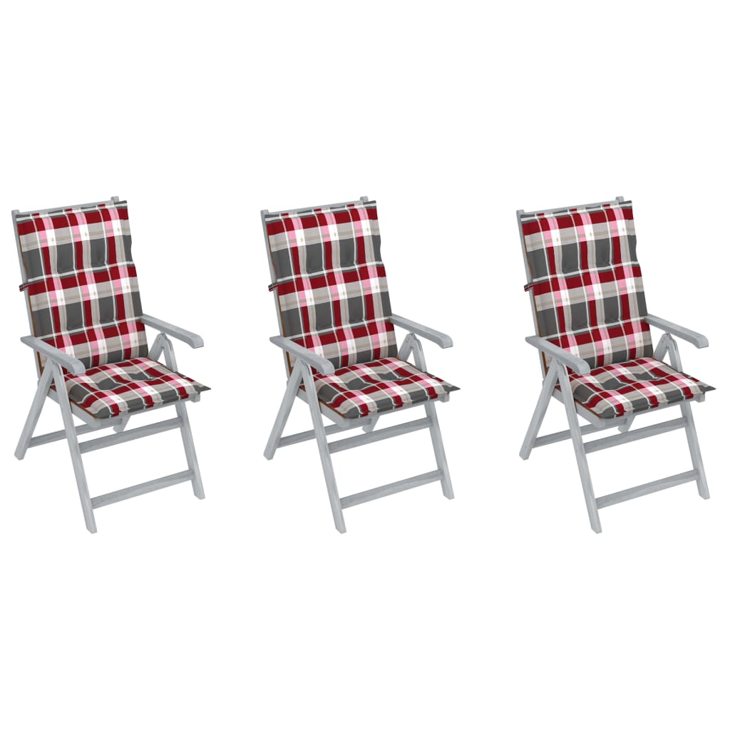 Set de 3 scaune Rabatabile/Pliabile de gradina, cu perne, vidaXL, Lemn de acacia, 56 x 70 x 110 cm, Gri/multicolor, model carouri