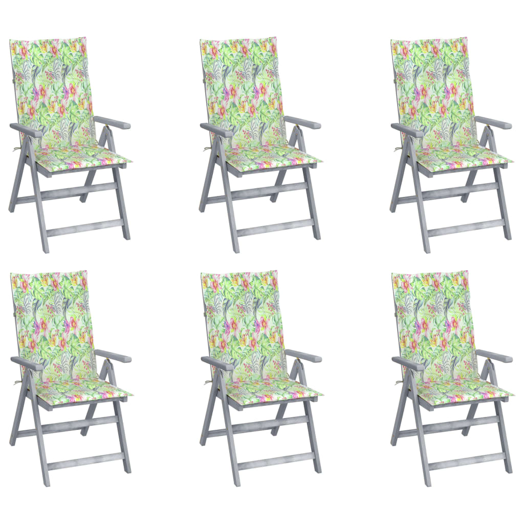 Set de 6 scaune pliabile de gradina, cu perne model tropical, vidaXL, Lemn de acacia, 57 x 69 x 111 cm, Gri/Multicolor