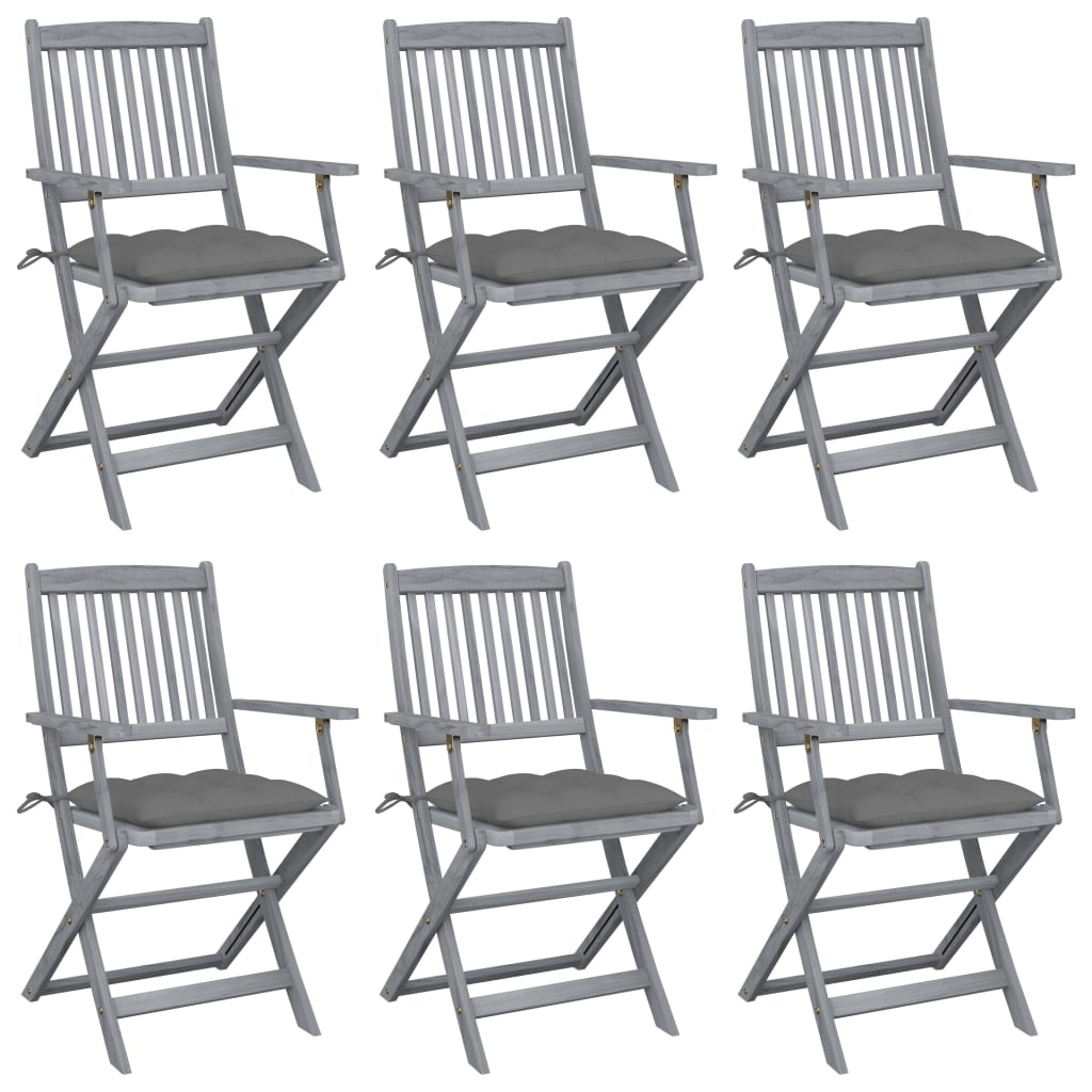 Set de 6 scaune pliabile de gradina, cu perne 7 cm, vidaXL, Lemn de acacia, 54 x 57 x 91 cm, Gri