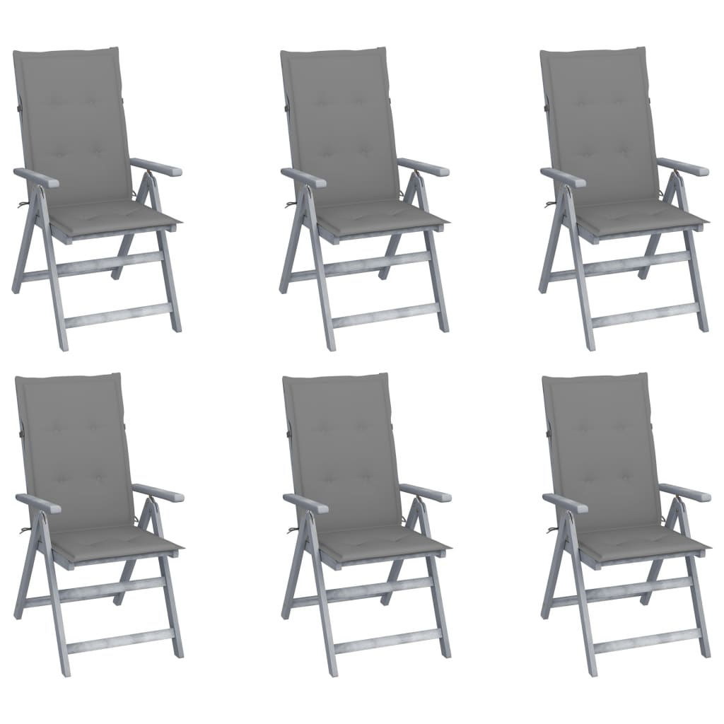 Set de 6 scaune pliabile de gradina, cu perne, vidaXL, Lemn de acacia, 57 x 69 x 111 cm, Gri