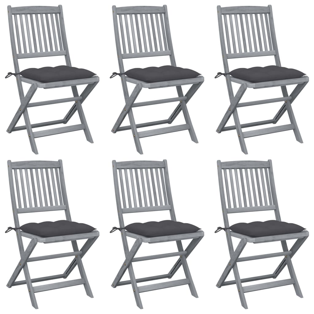 Set de 6 scaune pliabile de gradina, cu perne 7 cm, vidaXL, Lemn de acacia, 48.5 x 57 x 91 cm, Maro/Gri antracit