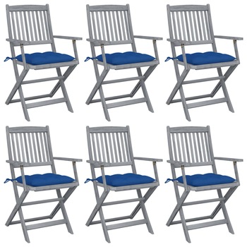 Set de 6 scaune pliabile de gradina, cu perne 7 cm, vidaXL, Lemn de acacia, 54 x 57 x 91 cm, Gri/Albastru Set de 6 scaune pliabile de gradina, cu perne 7 cm, vidaXL, Lemn de acacia, 54 x 57 x 91 cm, Gri/Albastru