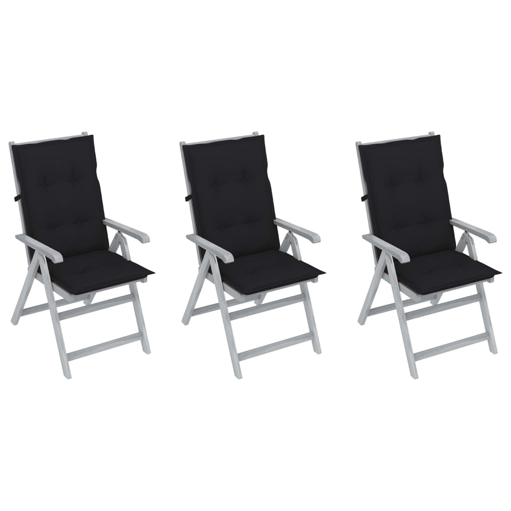 Set de 3 scaune Rabatabile/Pliabile de gradina, cu perne, vidaXL, Lemn de acacia, 56 x 70 x 110 cm, Gri/negru