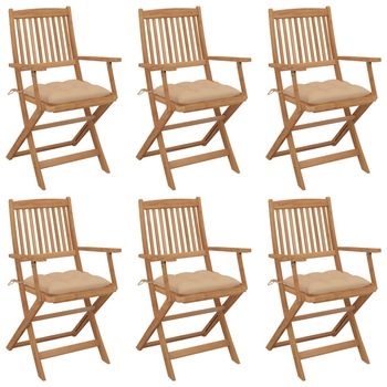 Set de 6 scaune pliabile de gradina cu perna colorata din lemn masiv de acacia vidaXL, Lemn, 54 x 57 x 91 cm, Maro/Bej
