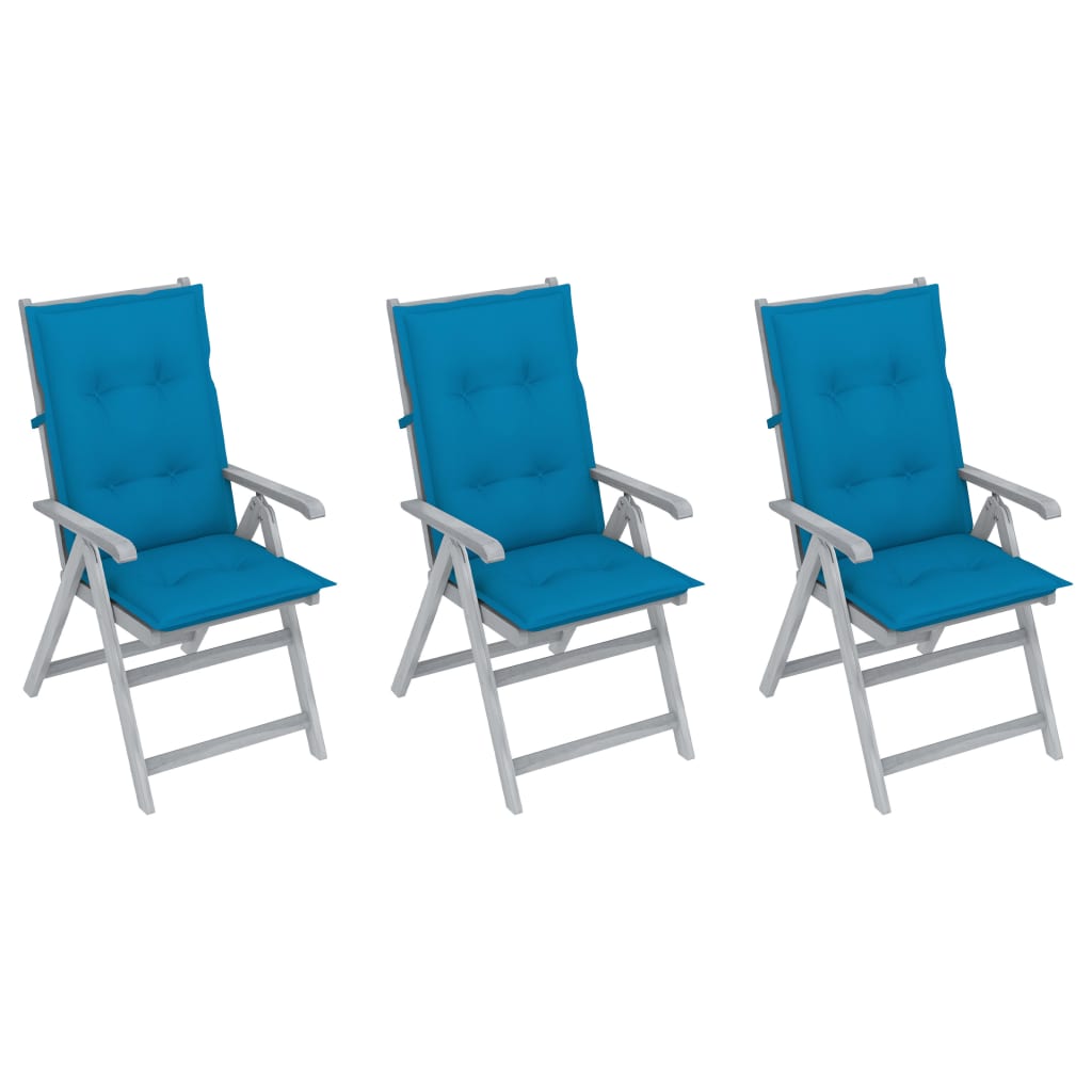 Set de 3 scaune Rabatabile/Pliabile de gradina, cu perne, vidaXL, Lemn de acacia, 56 x 70 x 110 cm, Gri/Albastru