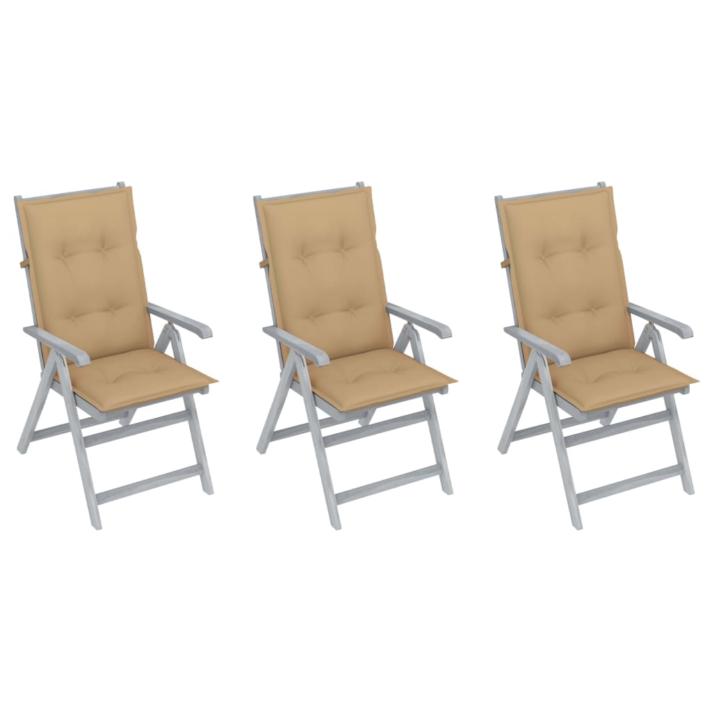 Set de 3 scaune Rabatabile/Pliabile de gradina, cu perne, vidaXL, Lemn de acacia, 56 x 70 x 110 cm, Gri/Bej