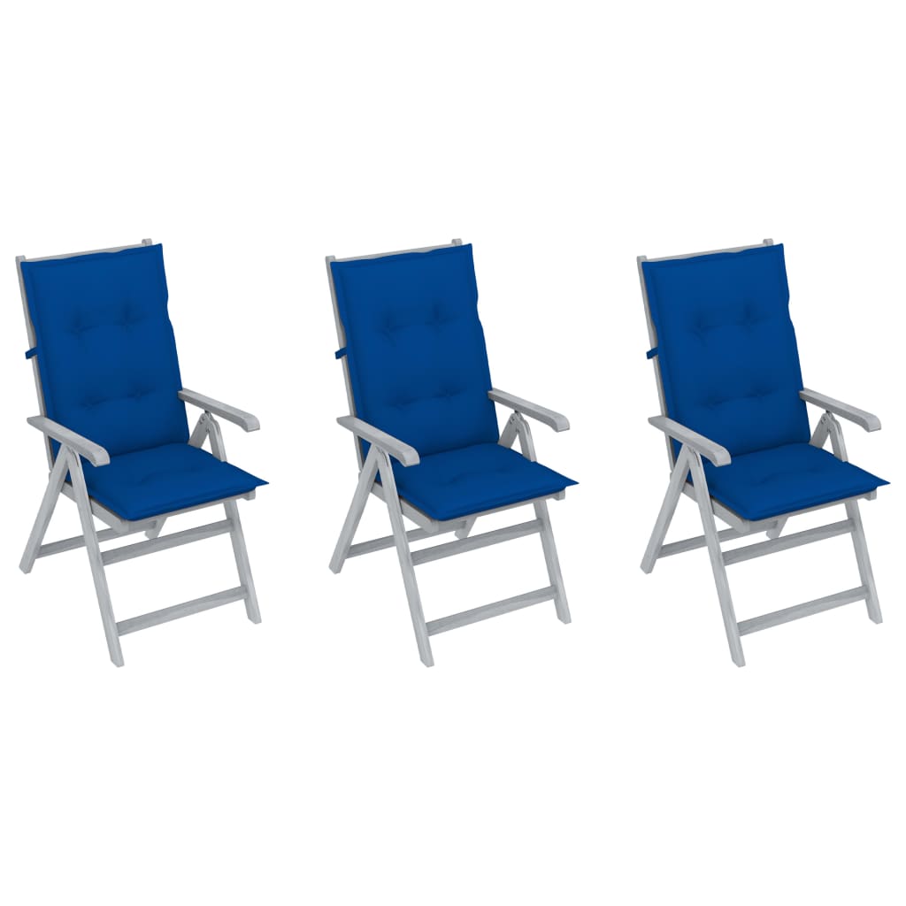 Set de 3 scaune Rabatabile/Pliabile de gradina, cu perne, vidaXL, Lemn de acacia, 56 x 70 x 110 cm, Gri/Albastru regal