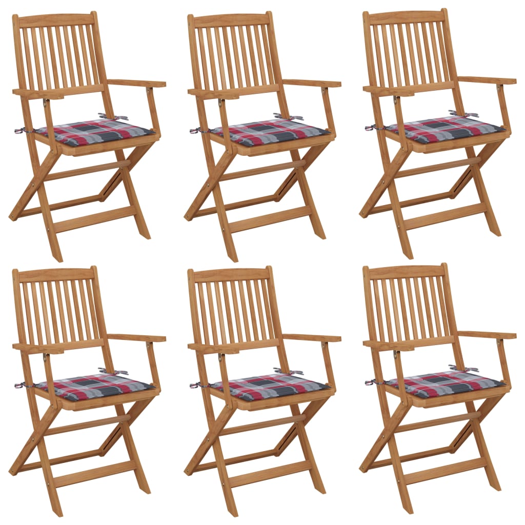 Set de 6 scaune pliabile de gradina, cu perne model carouri, vidaXL, Lemn de acacia, 54 x 57 x 91 cm, Maro/Multicolor