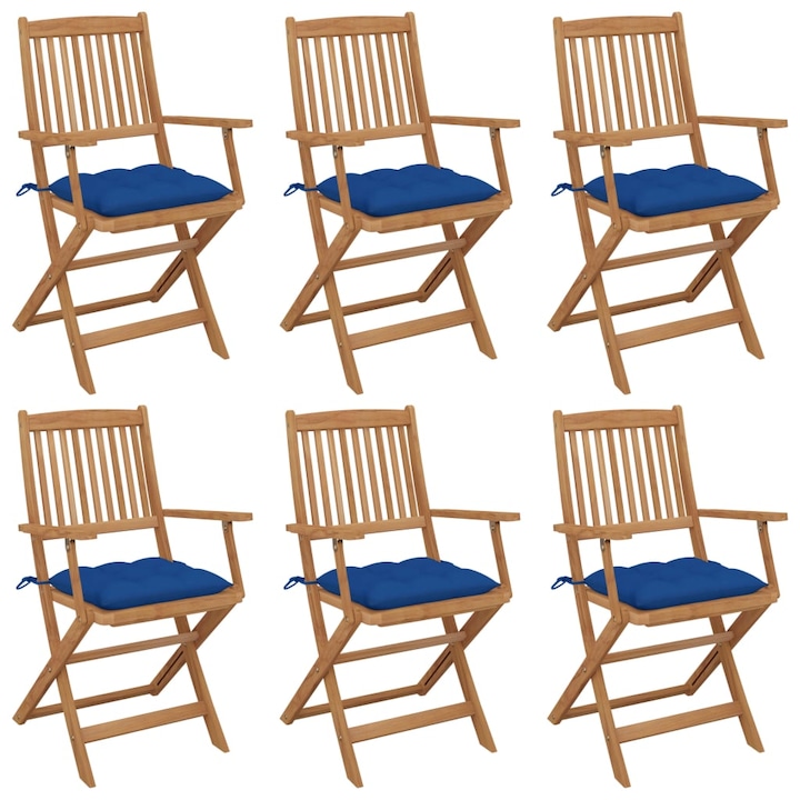 vidaXL 6 db összecsukható tömör akácfa kerti szék 7 cm-es kék párnával 54 x 57 x 91 cm
