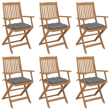 Set de 6 scaune pliabile de gradina cu perna colorata din lemn masiv de acacia vidaXL, Lemn, 54 x 57 x 91 cm, Maro/Gri
