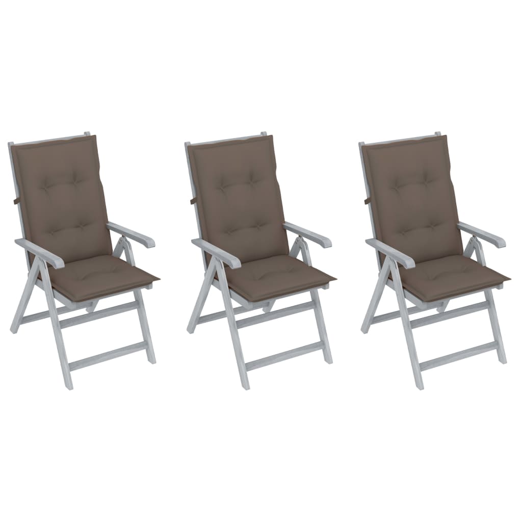 Set de 3 scaune Rabatabile/Pliabile de gradina, cu perne, vidaXL, Lemn de acacia, 56 x 70 x 110 cm, Gri/Taupe