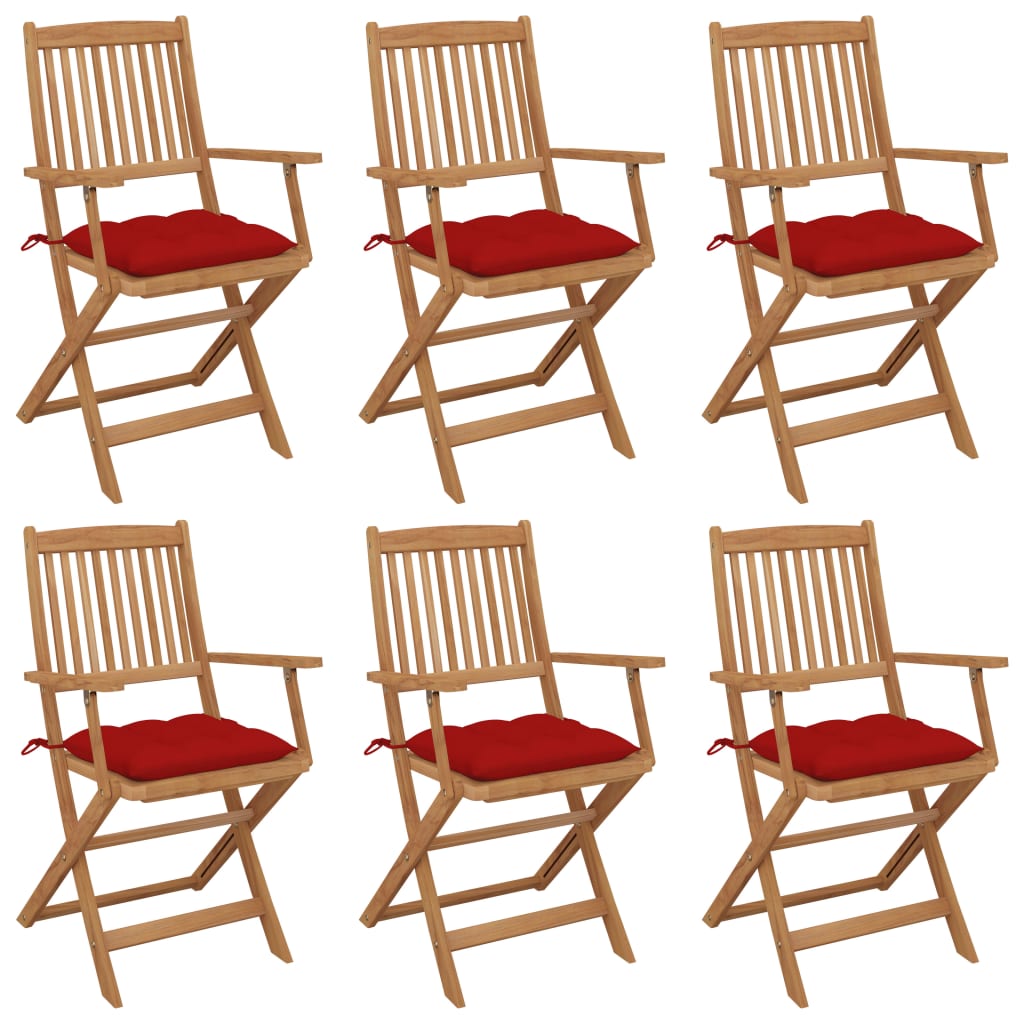Set de 6 scaune pliabile de gradina cu perne groase vidaXL, Lemn, 54 x 57 x 91 cm, Maro/Rosu