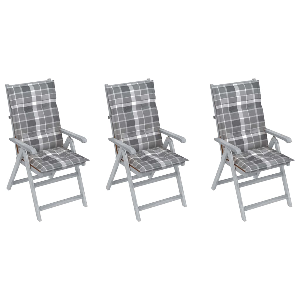 Set de 3 scaune Rabatabile/Pliabile de gradina, cu perne, vidaXL, Lemn de acacia, 56 x 70 x 110 cm, Gri, model carouri