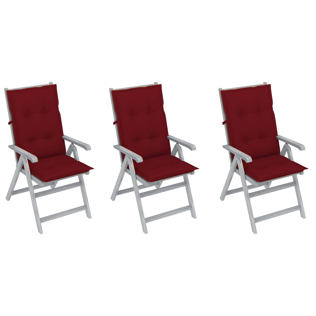Set de 3 scaune Rabatabile/Pliabile de gradina, cu perne, vidaXL, Lemn de acacia, 56 x 70 x 110 cm, Gri/Grena