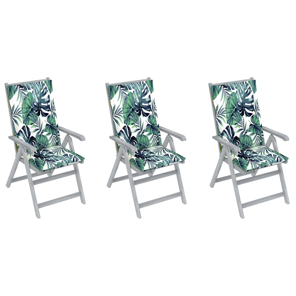 Set de 3 scaune Rabatabile/Pliabile de gradina, cu perne, vidaXL, Lemn de acacia, 56 x 70 x 110 cm, Gri/multicolor, model frunze tropicale