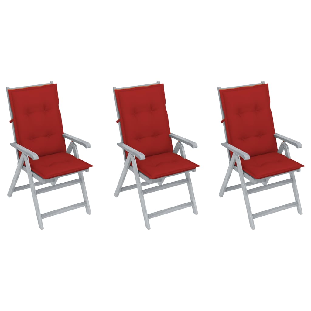 Set de 3 scaune Rabatabile/Pliabile de gradina, cu perne, vidaXL, Lemn de acacia, 56 x 70 x 110 cm, Gri/Rosu