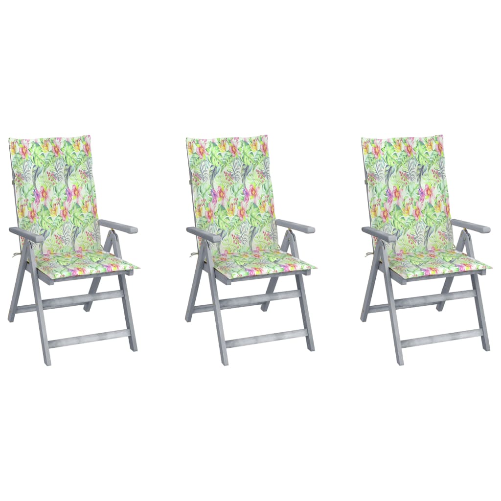 Set de 3 scaune Rabatabile/Pliabile de gradina, cu perne, vidaXL, Lemn de acacia, 56 x 70 x 110 cm, Gri/Multicolor model tropical