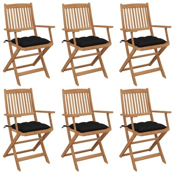 Set de 6 scaune pliabile de gradina cu perna colorata din lemn masiv de acacia vidaXL, Lemn, 54 x 57 x 91 cm, Maro/Negru