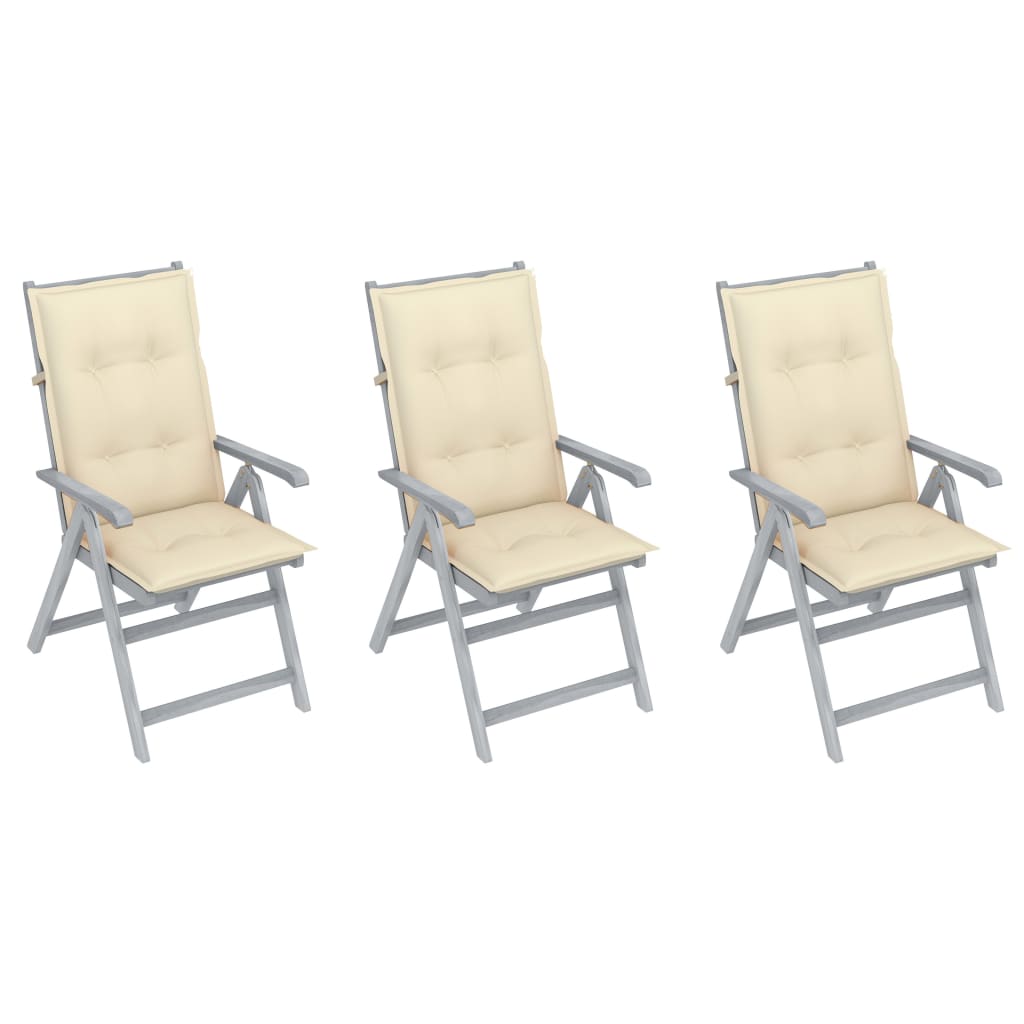 Set de 3 scaune Rabatabile/Pliabile de gradina, cu perne, vidaXL, Lemn de acacia, 56 x 70 x 110 cm, Gri/Crem