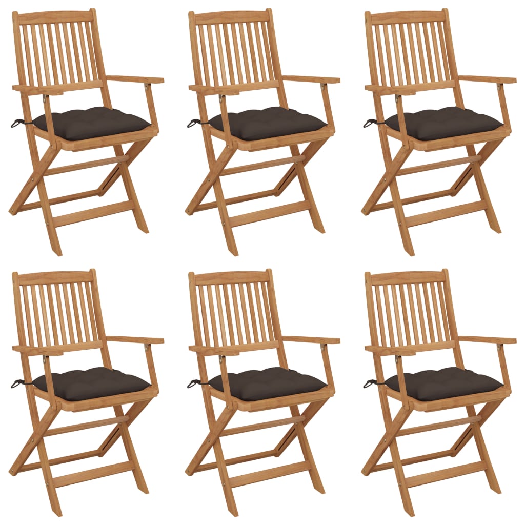 Set de 6 scaune pliabile de gradina cu perna colorata din lemn masiv de acacia vidaXL, Lemn, 54 x 57 x 91 cm, Maro/Gri taupe