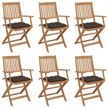 Set de 6 scaune pliabile de gradina cu perna colorata din lemn masiv de acacia vidaXL, Lemn, 54 x 57 x 91 cm, Maro/Gri taupe