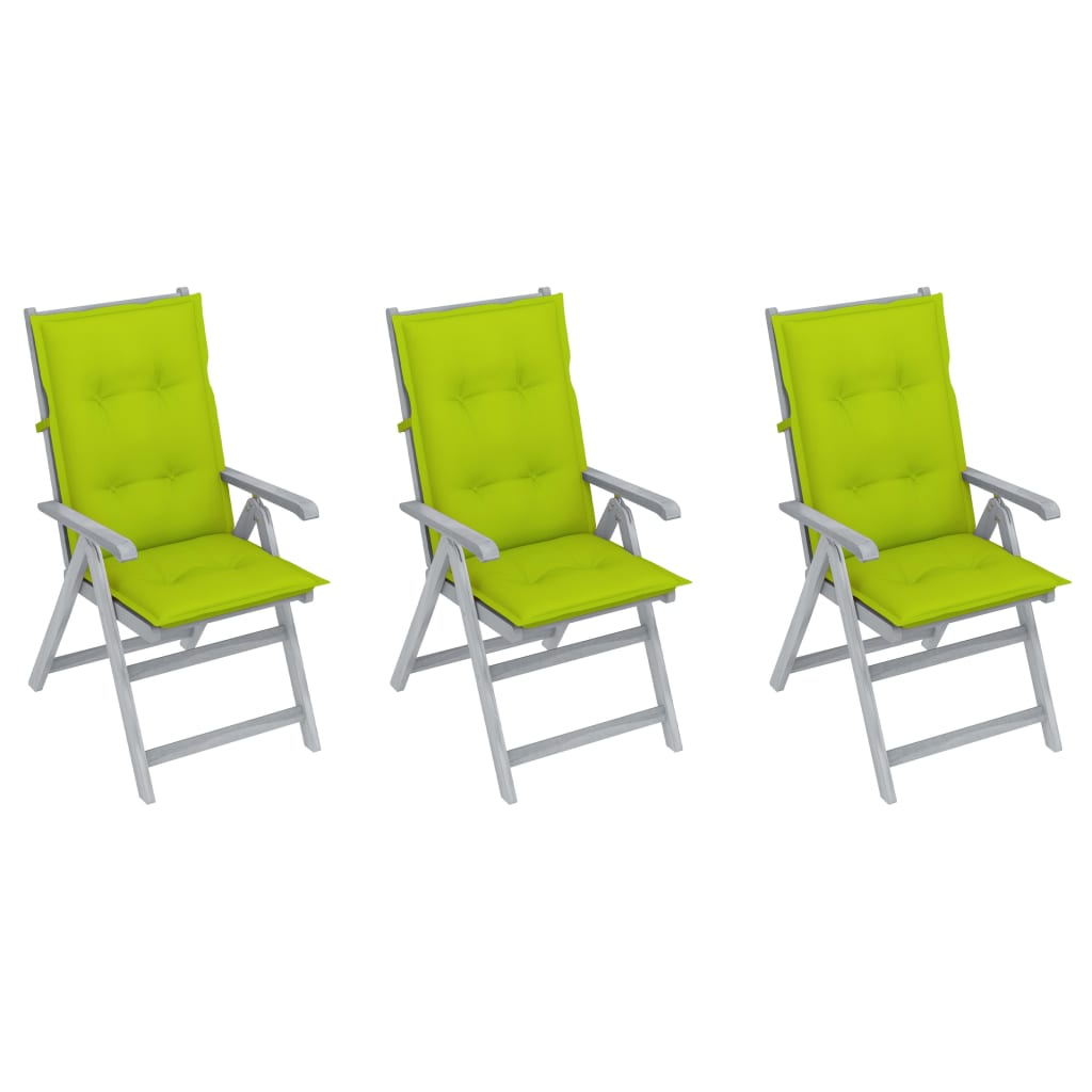 Set de 3 scaune Rabatabile/Pliabile de gradina, cu perne, vidaXL, Lemn de acacia, 56 x 70 x 110 cm, Gri/Verde deschis