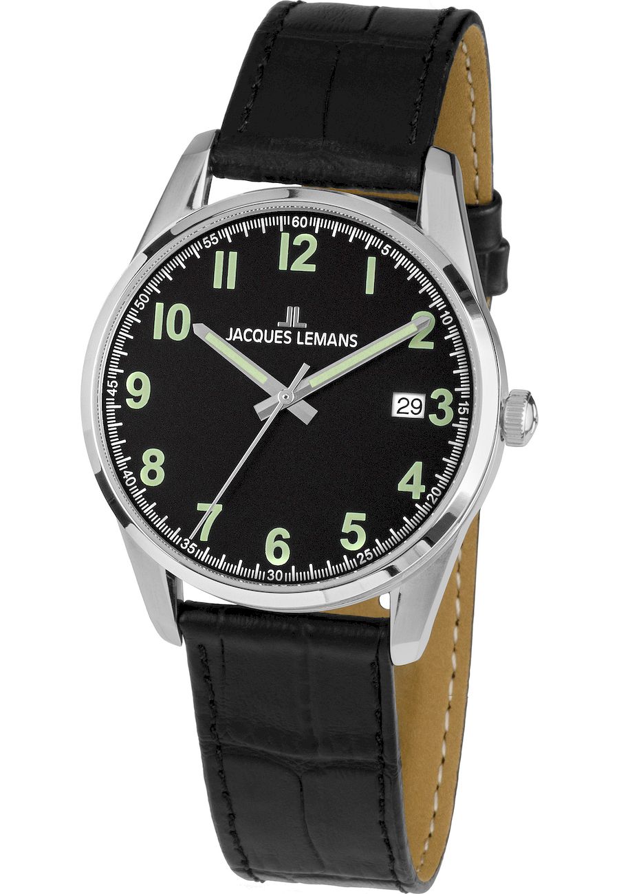 Ceas analogic barbatesc, Jacques-Lemans, 1-2070A, 39 mm, Negru/Argintiu