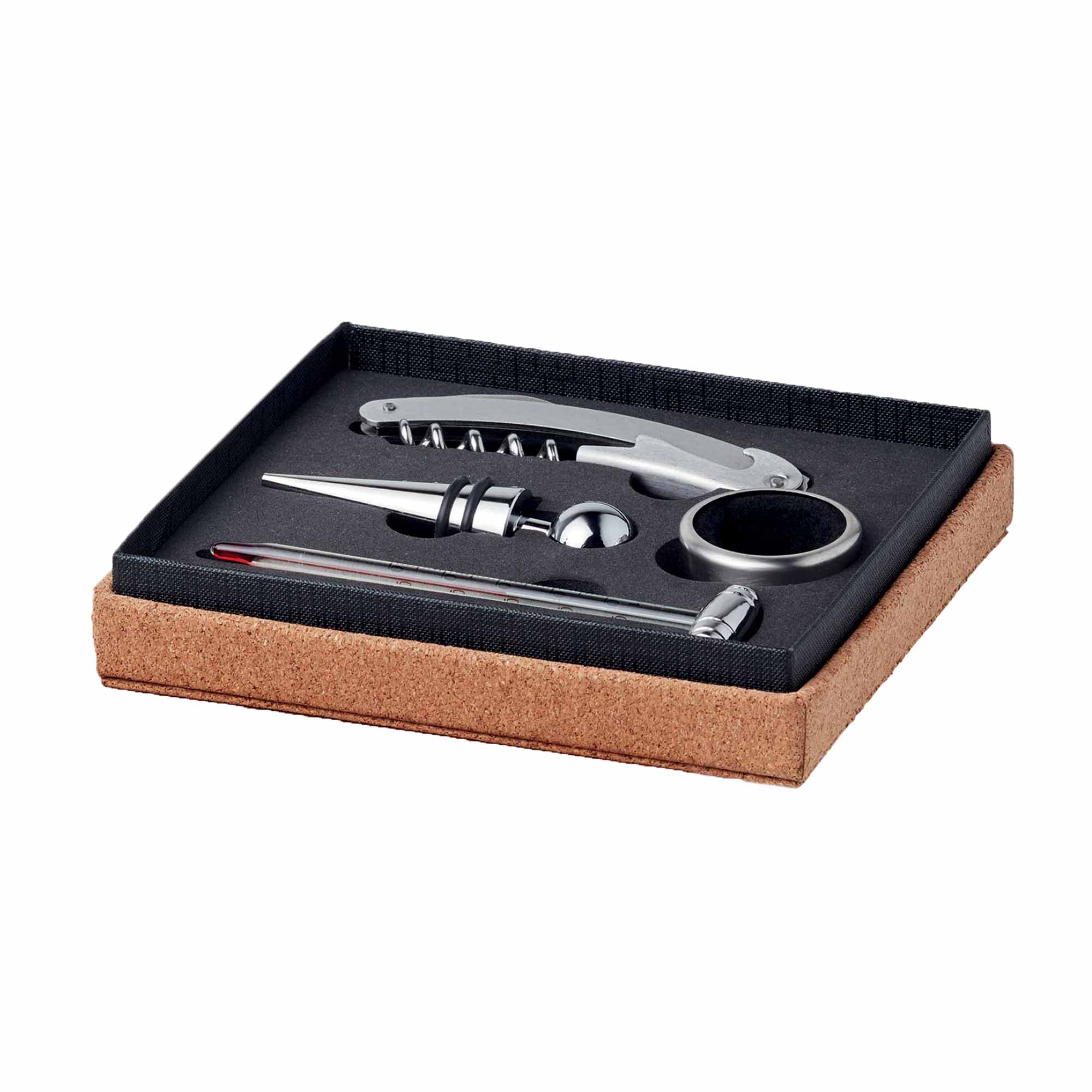 Set cu 4 accesorii pentru vin in cutie din pluta, bej, Piksel, cu suport pahare inclus