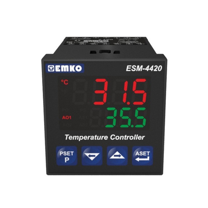 Regulator de temperatura EMKO, ESM-4420.5.20.0.1/01.02/0.0.0.0, control ON/OFF, P, PI, PD, PID, intrare J, K, R, S, T, PT100, temperatura reglata (-200°C...+1700°C), iesire 2xreleu, 1xSSR, alimentare 230VAC, dimensiune 48x48x95mm